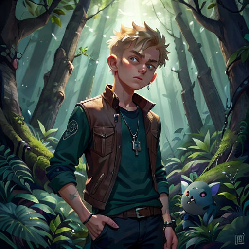 a boy standing in the middle of a forest with a light shining through the trees behind him and a pokemon on his chest