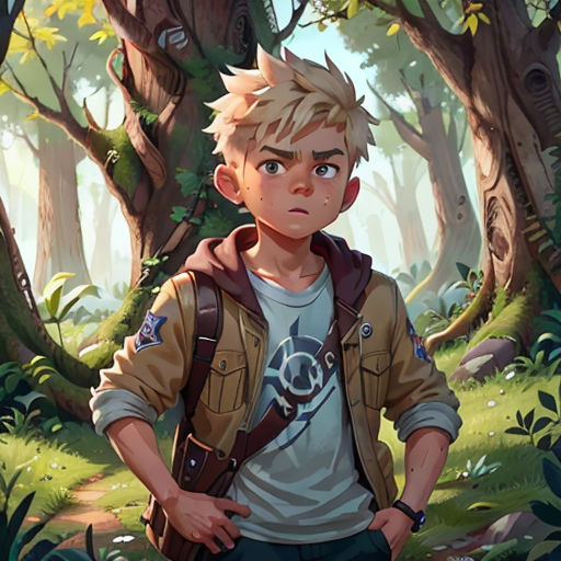 a boy in a jacket standing in a forest with trees and bushes behind him, looking at the camera