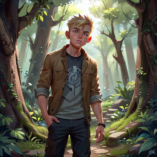a boy standing in a forest with trees and rocks on the ground, with his hands on his hips