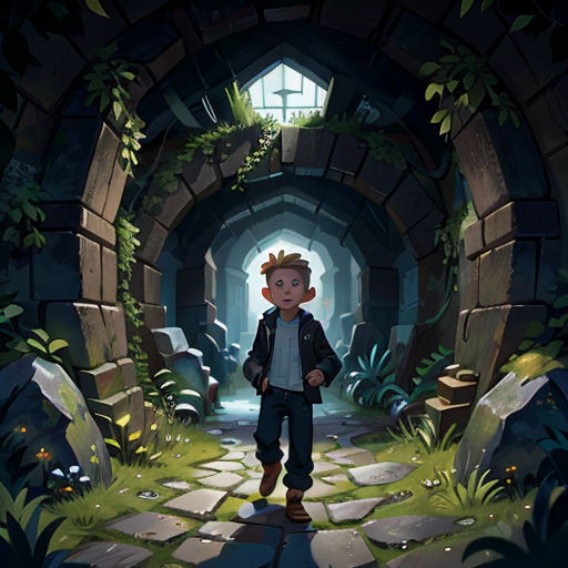 a boy is walking through a tunnel in the woods with a hat on his head and a backpack on his shoulder