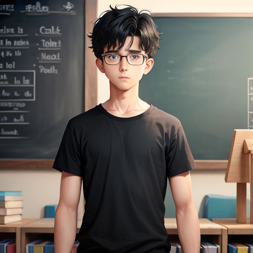 a boy with glasses standing in front of a chalkboard with a chalkboard in the background and a bookcase with books
