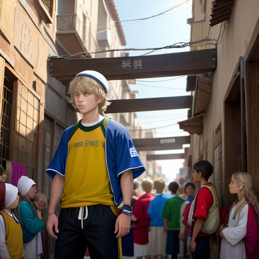 a boy in a yellow and blue shirt is standing in a narrow alleyway with a group of people
