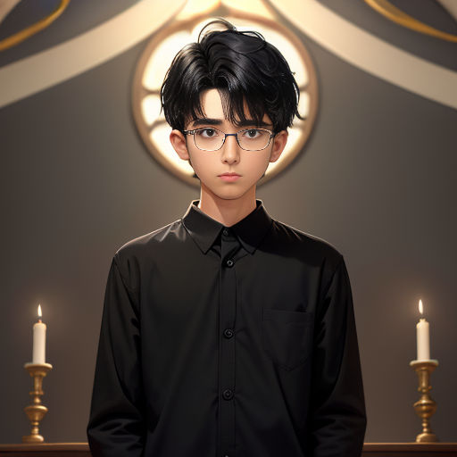 a boy with glasses standing in front of a church alter with candles in the background and a clock on the wall