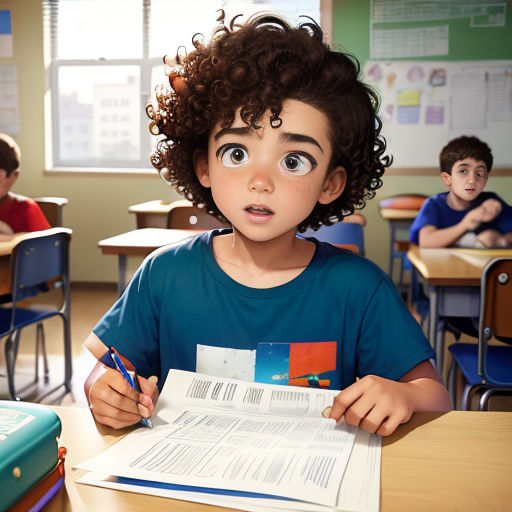 a young boy sitting at a desk with a book and pen in his hand and a book in front of him
