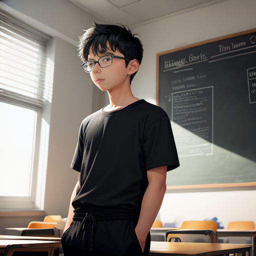 a young man standing in front of a chalkboard in a classroom with desks and chairs in front of him