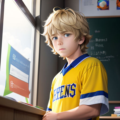 a young boy in a yellow shirt standing in front of a chalkboard with a chalkboard behind him
