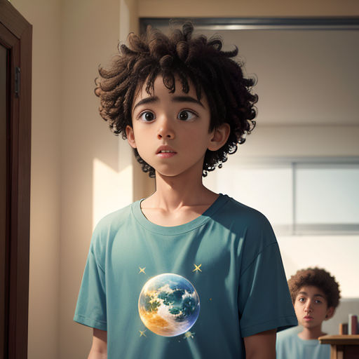 a young boy with curly hair standing in front of a mirror with a planet on it's chest