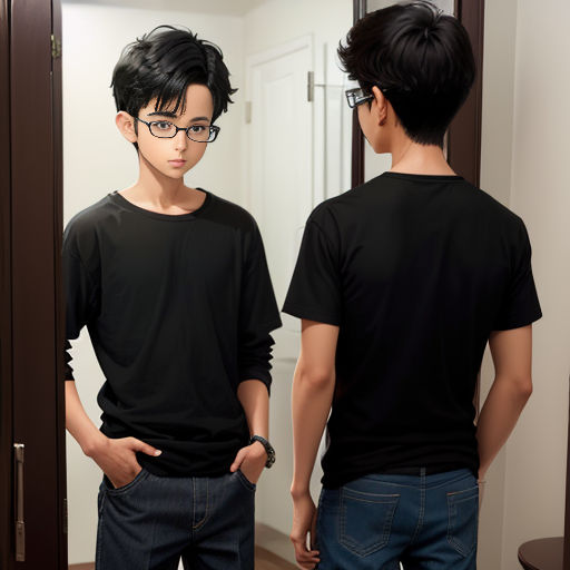 a man standing in front of a mirror wearing glasses and a black shirt with a black collar and black hair