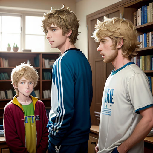 three young men standing in a library with bookshelves behind them and a computer on the desk behind them
