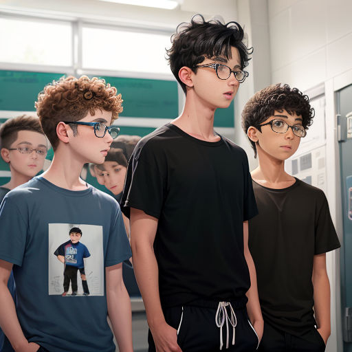 a group of young boys standing next to each other in a room with lockers and a locker door