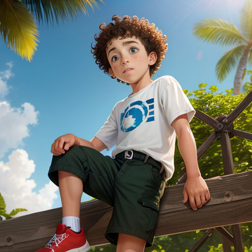 a boy sitting on a wooden fence with a tree in the background and a blue sky in the background