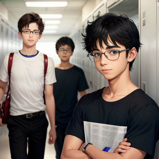 a group of young men standing in a hallway next to lockers with papers in their hands and a backpack on their shoulder