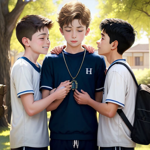 three boys standing next to each other in a park with trees in the background and a building in the background