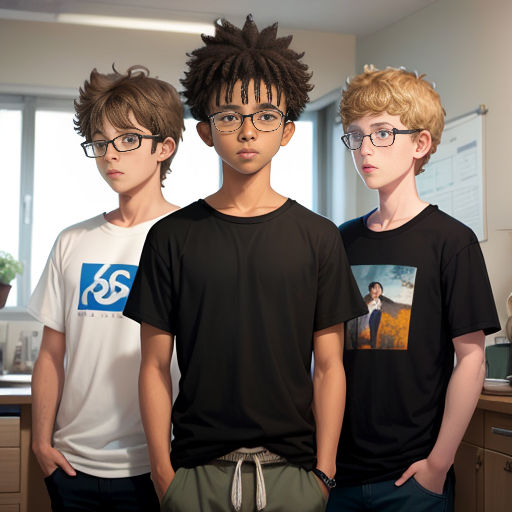 three young men standing next to each other in a kitchen with a window behind them and a sink in the background