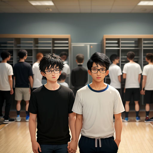 two young men standing in front of lockers in a gym with other young men in the background wearing black and white shirts