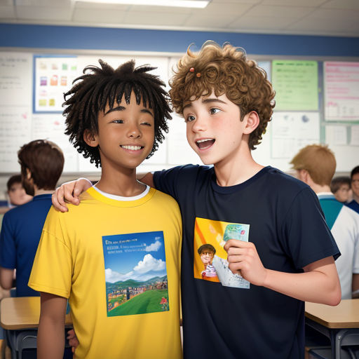 two young boys standing next to each other in a classroom with desks and posters on the walls behind them