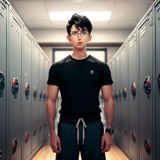 a man standing in a hallway between two lockers with a clock on the wall and a pair of glasses on his head