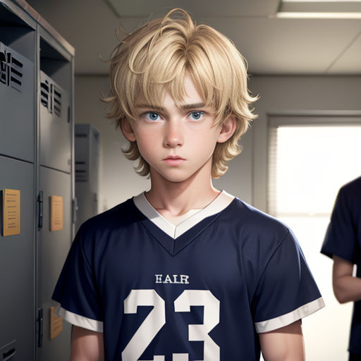 a boy in a locker with a jersey on and a locker behind him with a number 23 on it