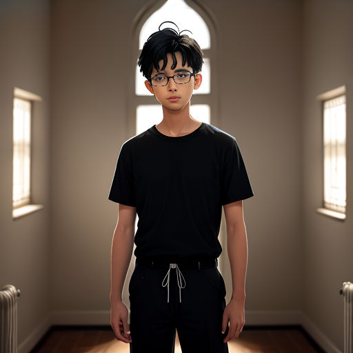 a young man standing in a room with a window in the background and a radiator in the foreground