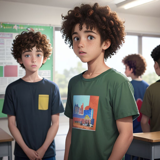 a group of young boys standing next to each other in a classroom with a chalkboard on the wall
