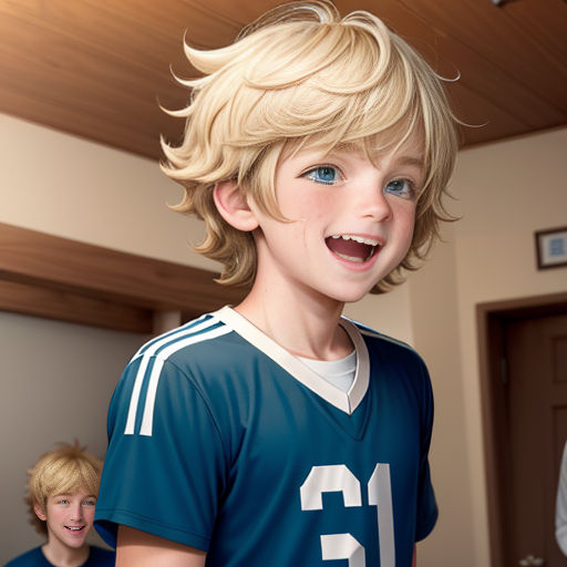 a boy with blonde hair and a blue jersey smiles at the camera while a woman looks on in the background