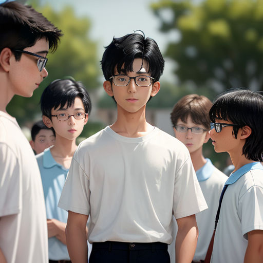 a group of young men standing next to each other in front of a tree filled park with a sky background