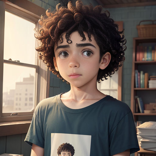 a young boy with curly hair and a t - shirt with a picture of a boy on it, standing in front of a window
