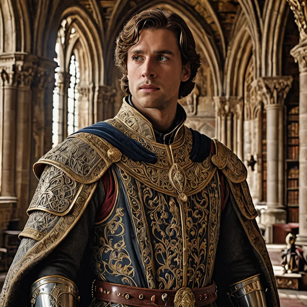a man in a medieval outfit standing in a cathedral with a sword in his hand and a helmet on his head, pre-raphaelitism, a character portrait, Erlund Hudson, promotional image