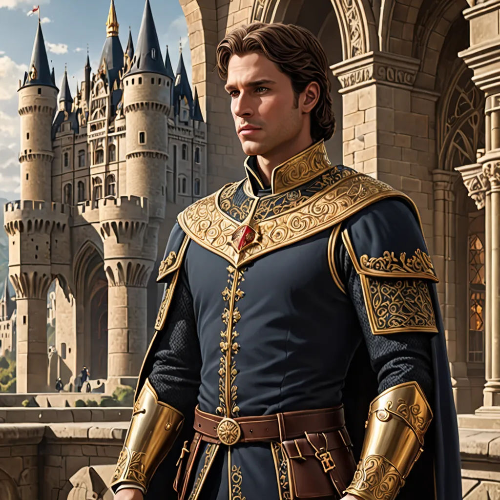 a man in a medieval costume standing in front of a castle with a castle in the background and a castle in the background, fantasy art, an ultrafine detailed painting, Clint Cearley, epic fantasy character art