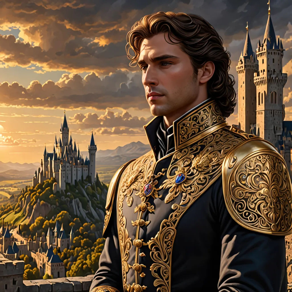 a man in a suit standing in front of a castle with a castle in the background and a sunset, fantasy art, a detailed painting, Cedric Seaut (Keos Masons), rossdraws global illumination