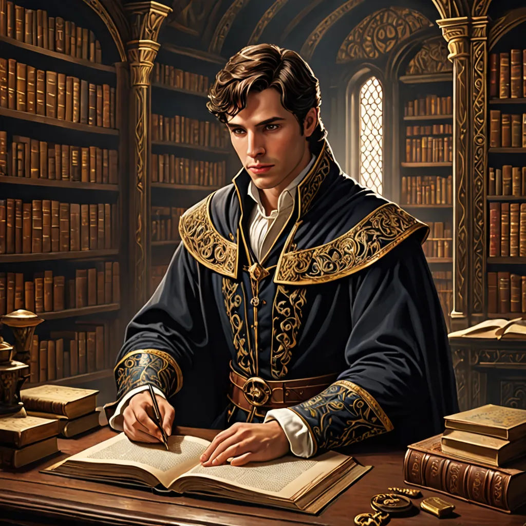 a man in a library with a book and a pen in his hand and a book in his hand, fantasy art, a character portrait, Cedric Seaut (Keos Masons), highly detailed digital painting