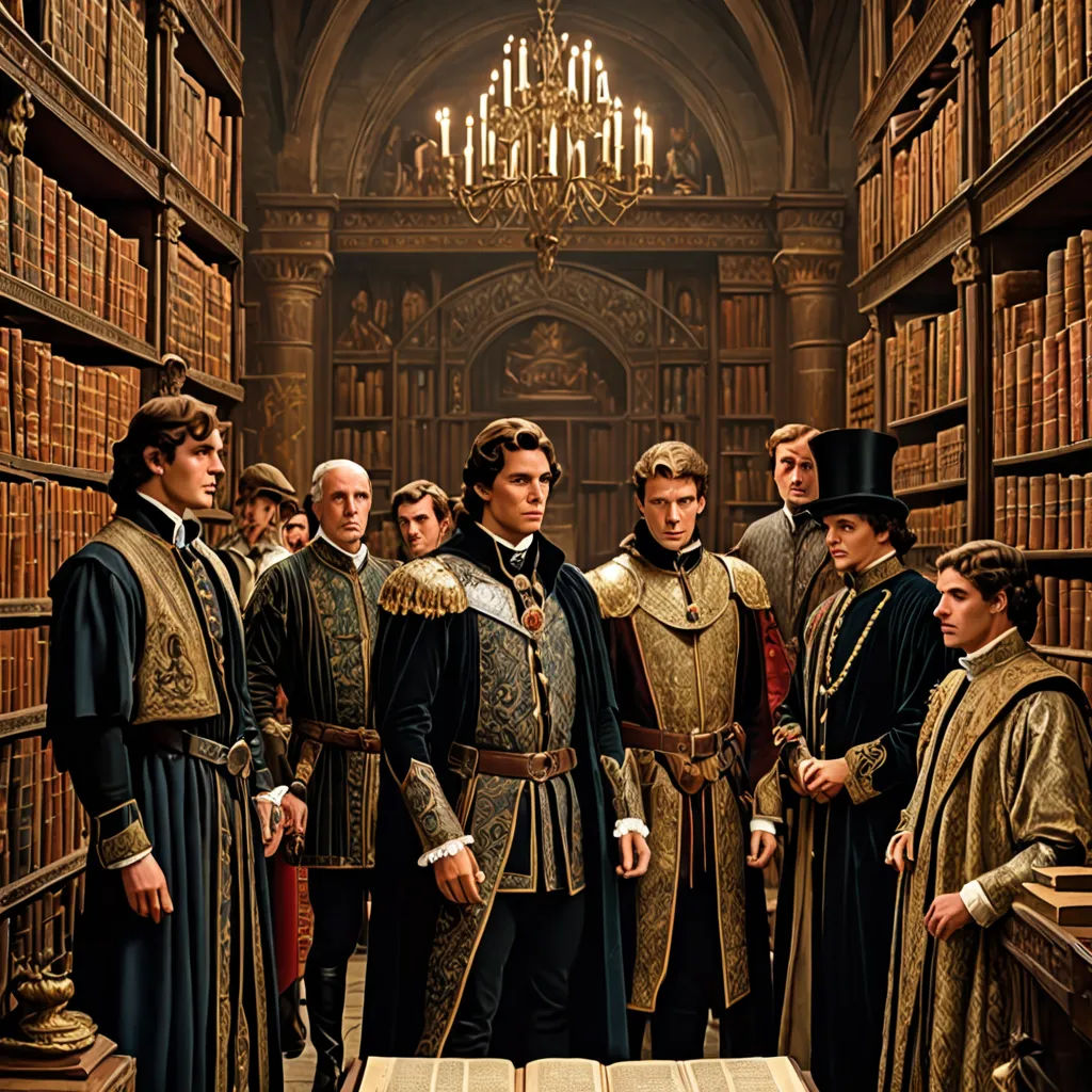 a group of men standing in a library next to each other in front of a book shelf filled with books, mannerism, a poster, Adriaen Isenbrant, promotional image