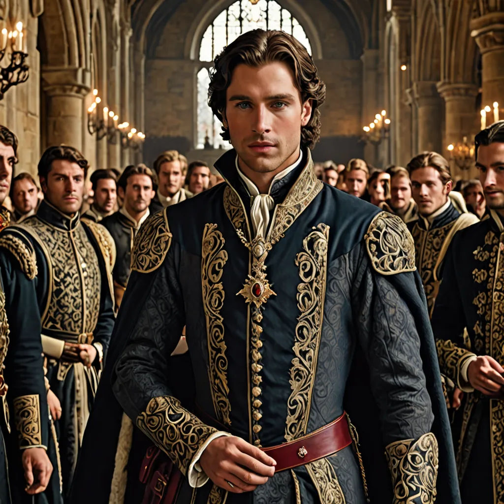 a group of men in medieval costumes standing in a line in a cathedral with a man in a crown, pre-raphaelitism, a flemish Baroque, Emanuel de Witte, promotional image