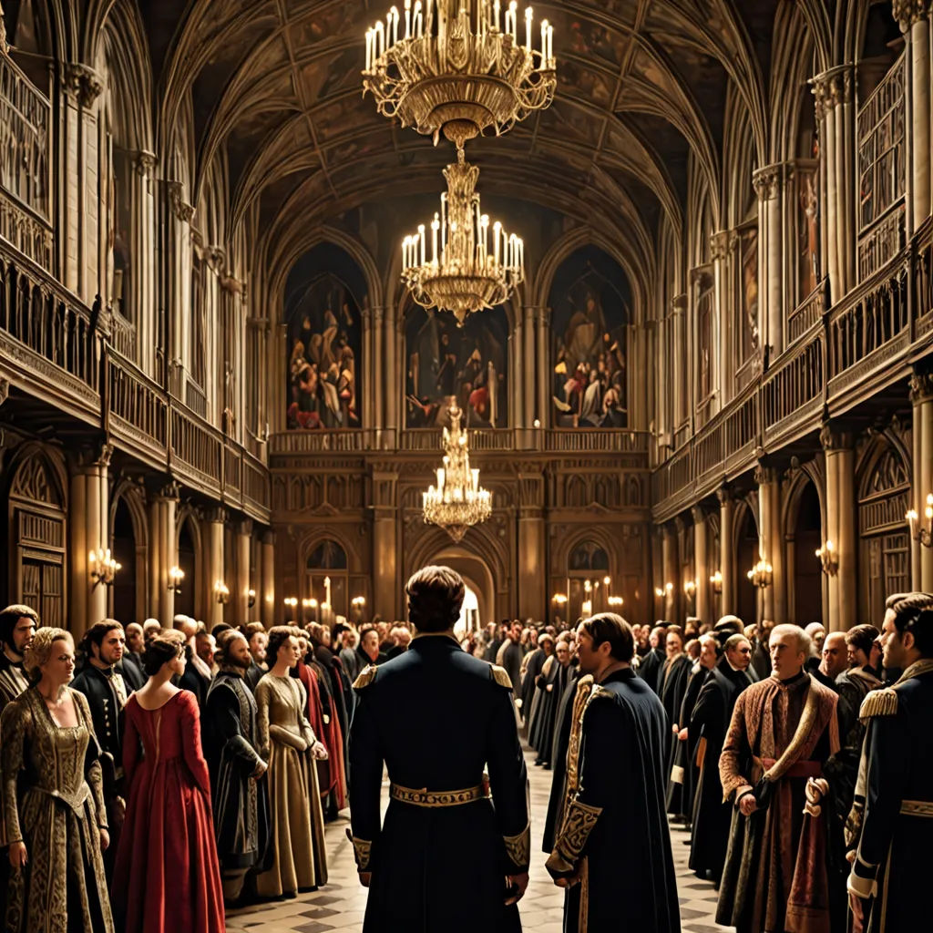 a large group of people in a large building with a chandelier hanging from the ceiling and a man in a black coat, renaissance, a detailed matte painting, Edward George Handel Lucas, promotional image