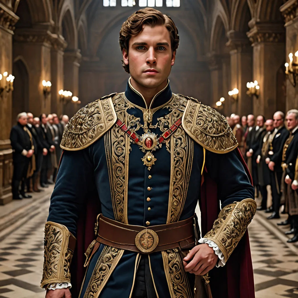 a man in a blue and gold outfit standing in a hall with other men in black and gold robes, pre-raphaelitism, a poster, Enguerrand Quarton, poster