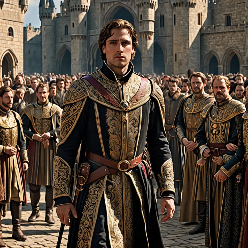 a group of men in medieval costumes standing in front of a castle with a crowd of people in the background, antipodeans, a renaissance painting, Altoon Sultan, promotional image