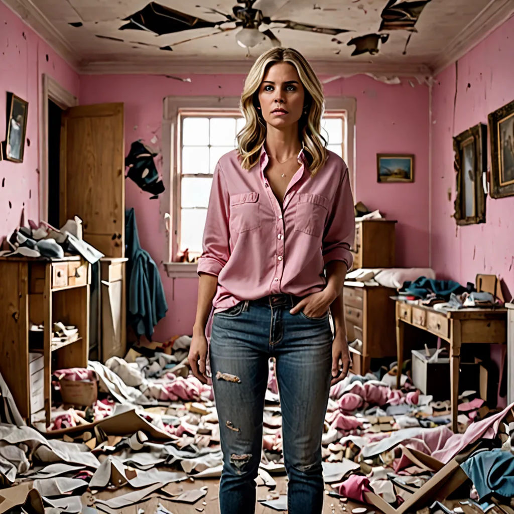 a woman standing in a room full of clothes and a ceiling fan in the background of a messy room, feminist art, a poster, David LaChapelle, promotional image
