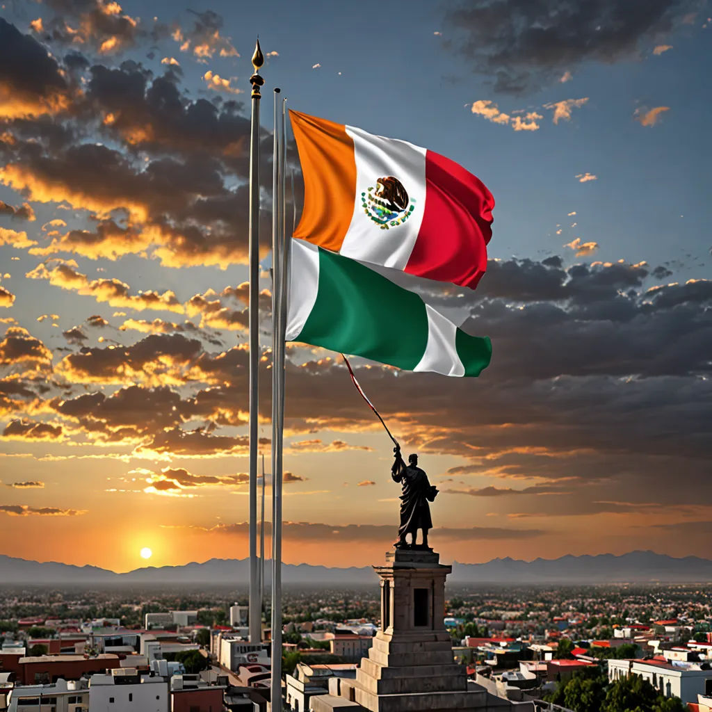 a flag flying in the air over a city at sunset with a statue of a man holding a flag, regionalism, a digital rendering, Eddie Mendoza, maya