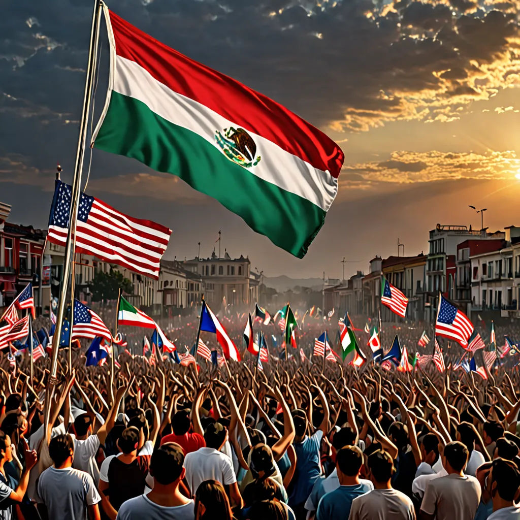 a crowd of people holding flags in the air with a sky background and a sun setting in the background, regionalism, a digital rendering, Eddie Mendoza, foto realistic