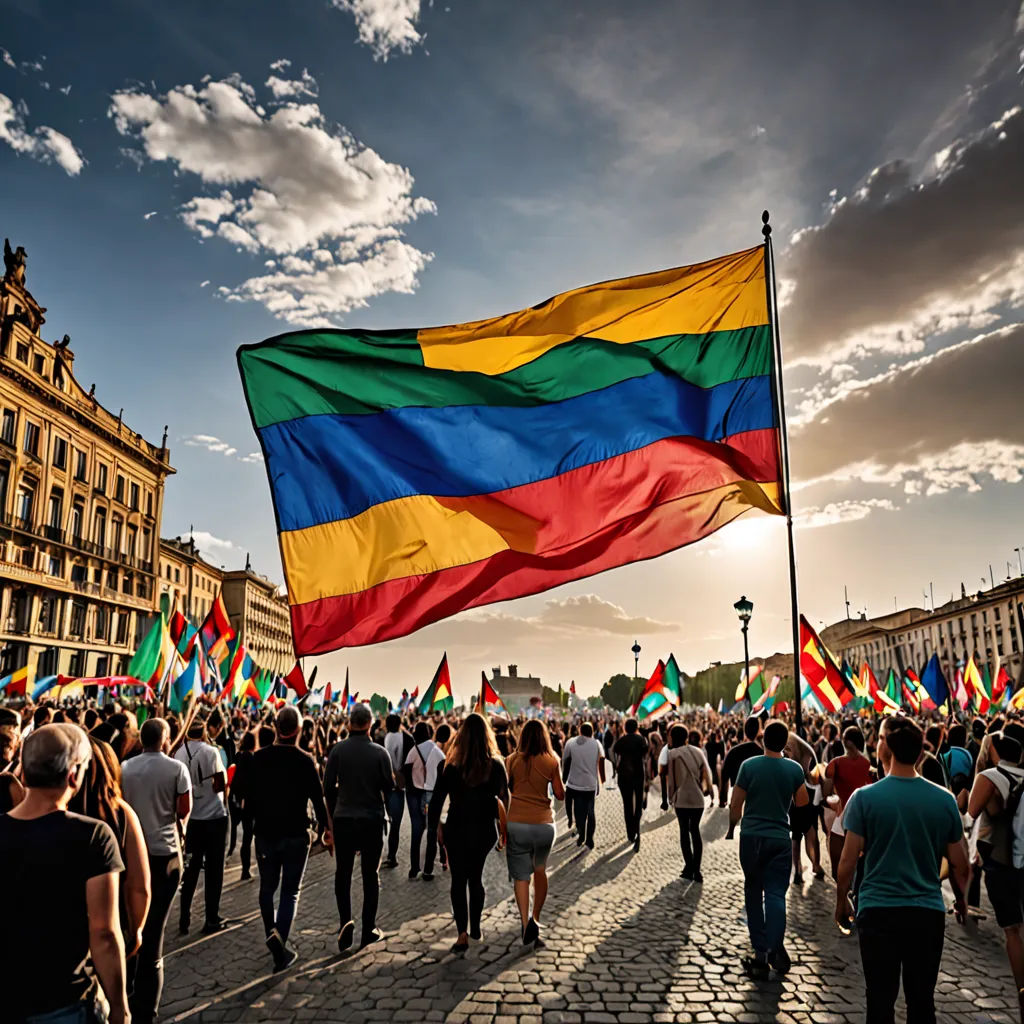 a large group of people walking down a street holding flags and a flag pole in the air with a sky background, regionalism, a stock photo, Bourgeois, award-winning photograph
