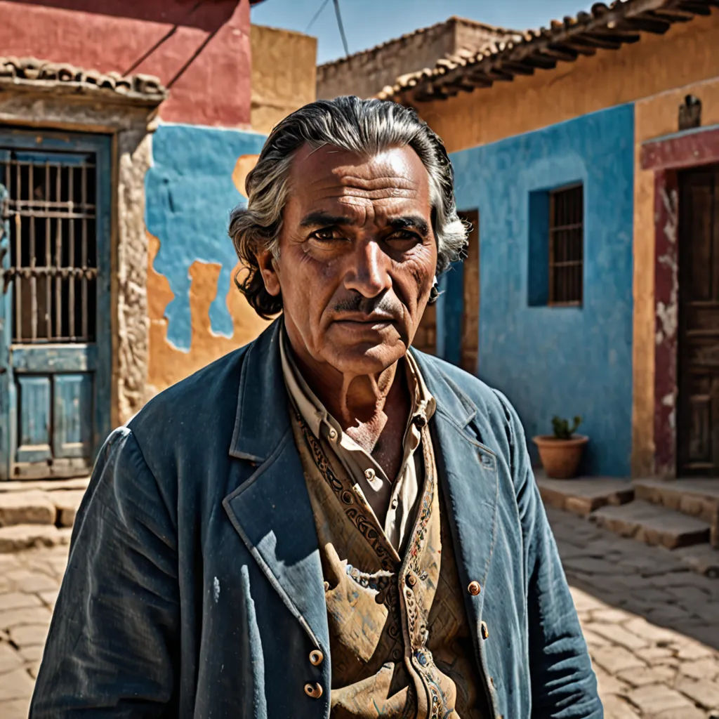 a man in a blue jacket standing in front of a building with a blue door and a red wall, magical realism, a character portrait, Enrique Tábara, promotional image