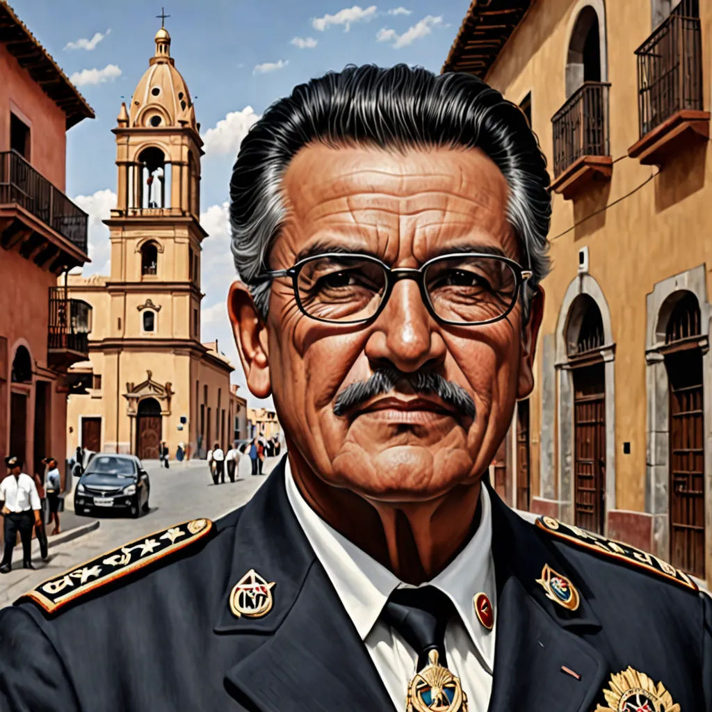 a painting of a man in a military uniform in a street with a church in the background and a car in the foreground, magical realism, an ultrafine detailed painting, Carlos Francisco Chang Marín, highly detailed digital painting