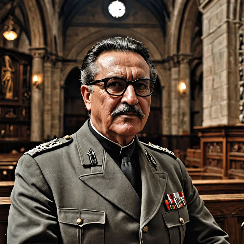 a man in a military uniform sitting in a church with a cross on his chest and a mustache on his head, magical realism, a character portrait, Carlos Francisco Chang Marín, ignacio fernandez rios