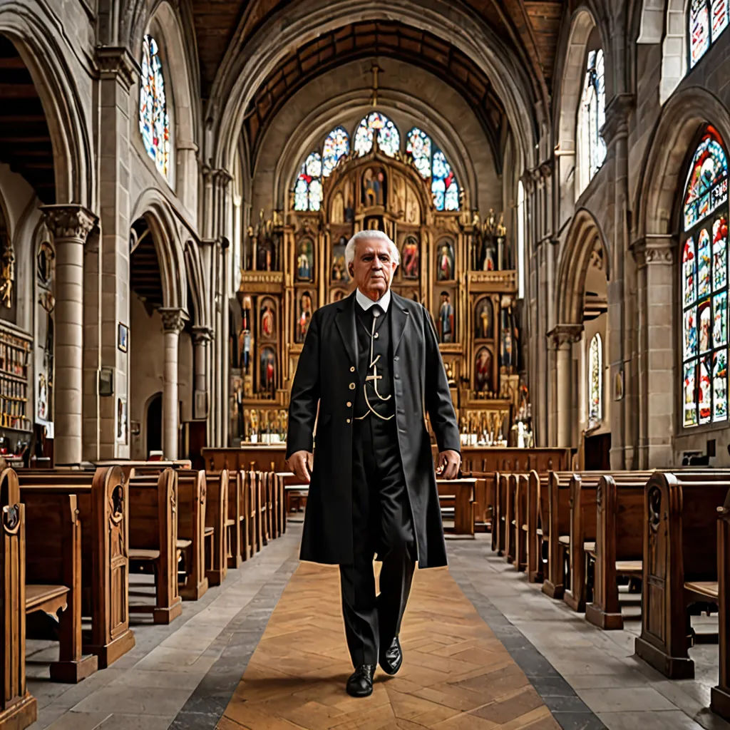 a man in a black coat and a black tie walking down a church aisle with pews and stained glass windows, neoclassicism, a character portrait, David Annand, promotional image