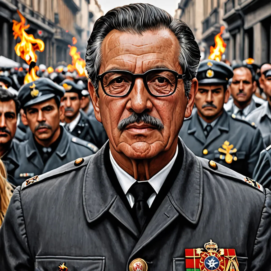 a painting of a man in a military uniform surrounded by other men in uniform in a city street,, massurrealism, an ultrafine detailed painting, David Palumbo, highly detailed digital painting