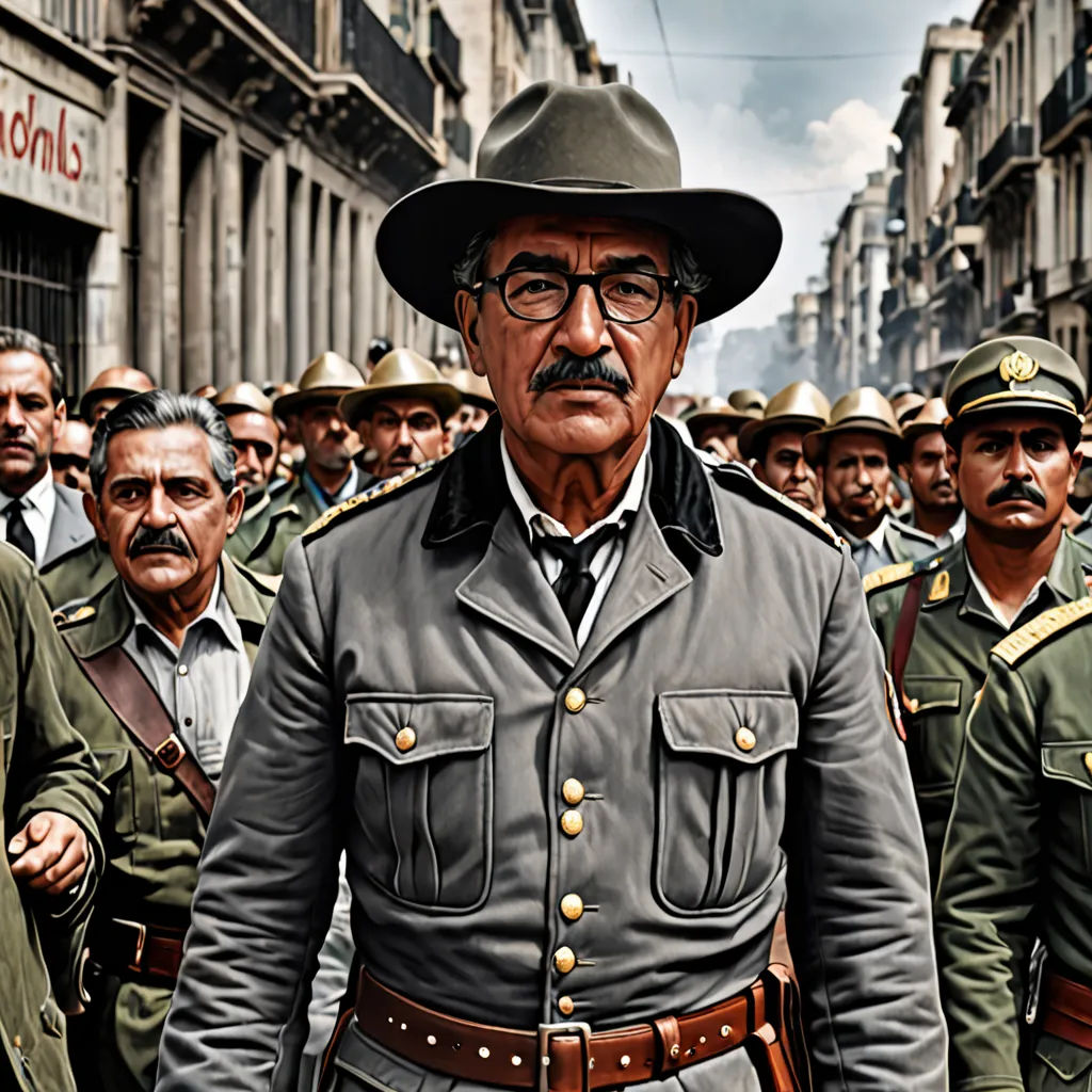 a man in a military uniform is walking in a crowd of men in uniform and in hats and glasses, massurrealism, a colorized photo, Carlos Francisco Chang Marín, promotional image