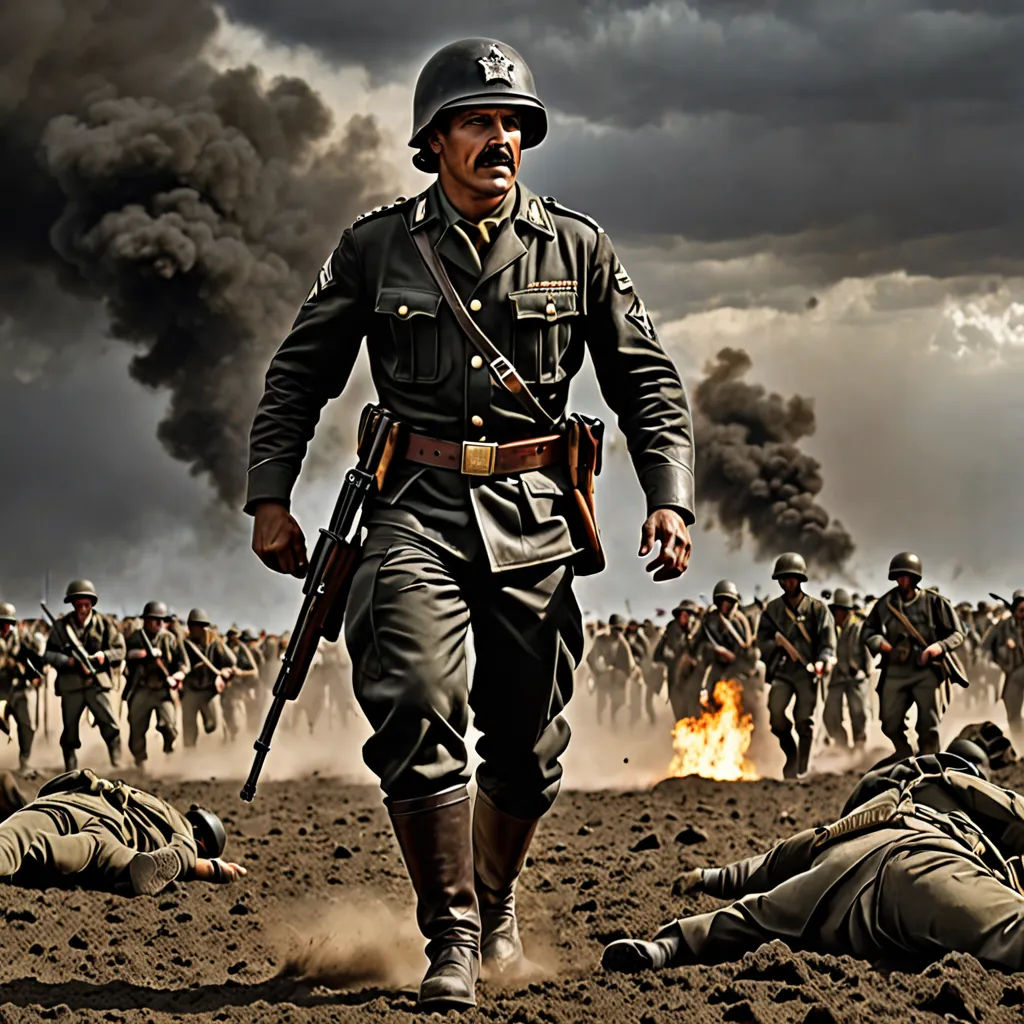 a man in a military uniform walking through a field with a bunch of soldiers in the background and a large cloud of smoke, viennese actionism, a detailed matte painting, Daryush Shokof, promotional image