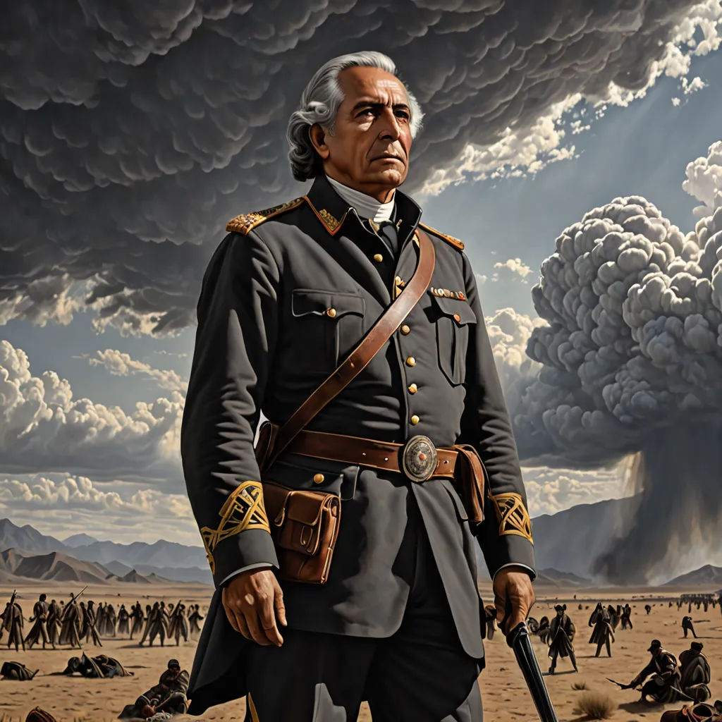 a painting of a man in uniform standing in front of a large cloud of smoke and smoke billowing, nuclear art, a detailed matte painting, Carel Willink, oil on canvas. cinematic