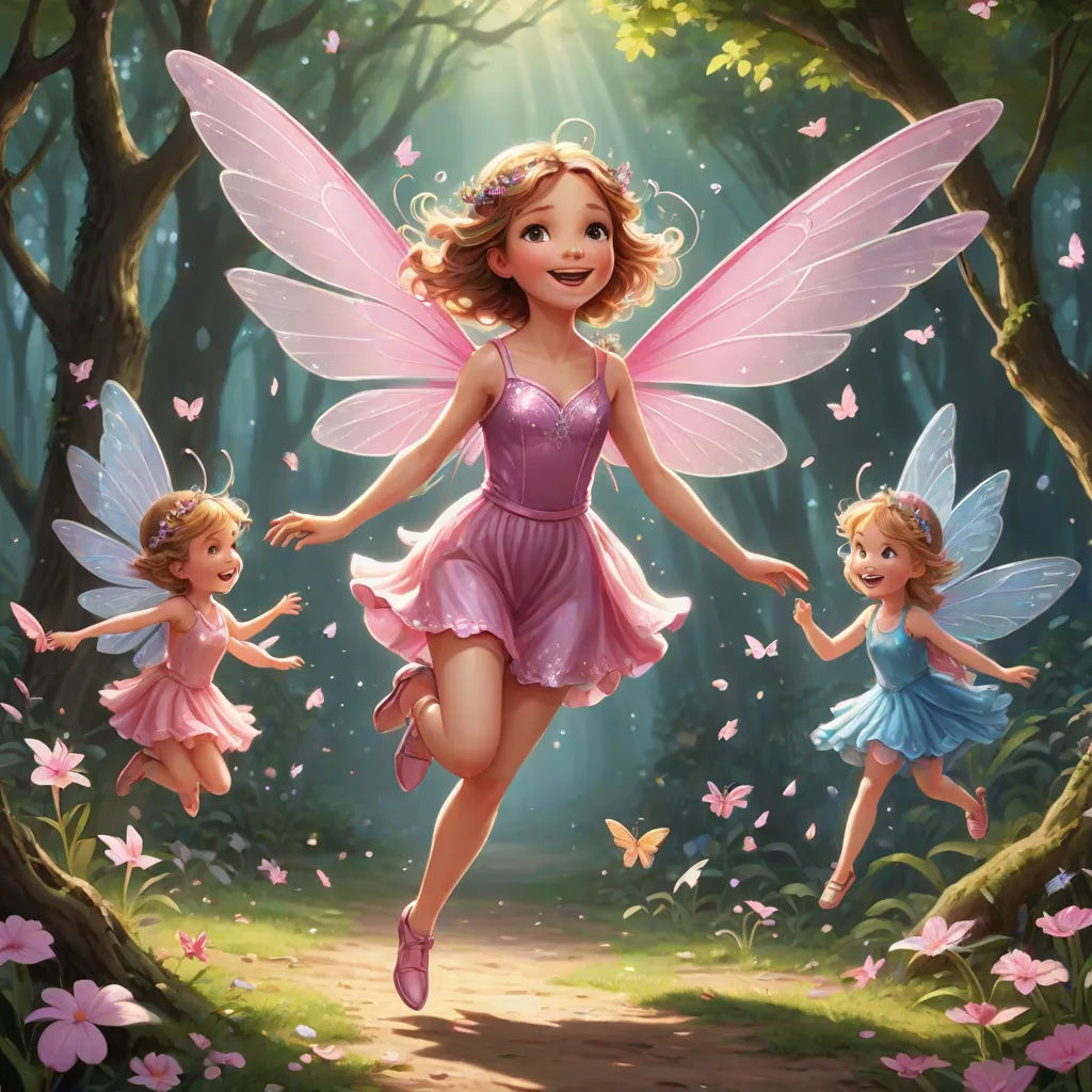 a painting of a fairy with three little girls in the woods, one of them is flying through the air, Chris Rallis, fantasy art, a storybook illustration, kinkade