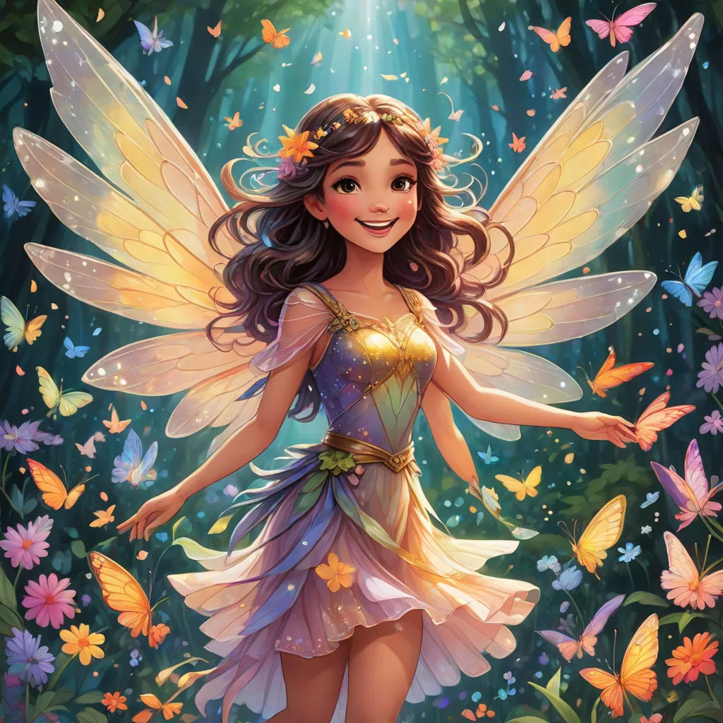 a beautiful fairy with butterflies in her hair and wings, standing in a field of flowers and butterflies, with a light shining on her, Artgerm, fantasy art, a storybook illustration, rossdraws global illumination